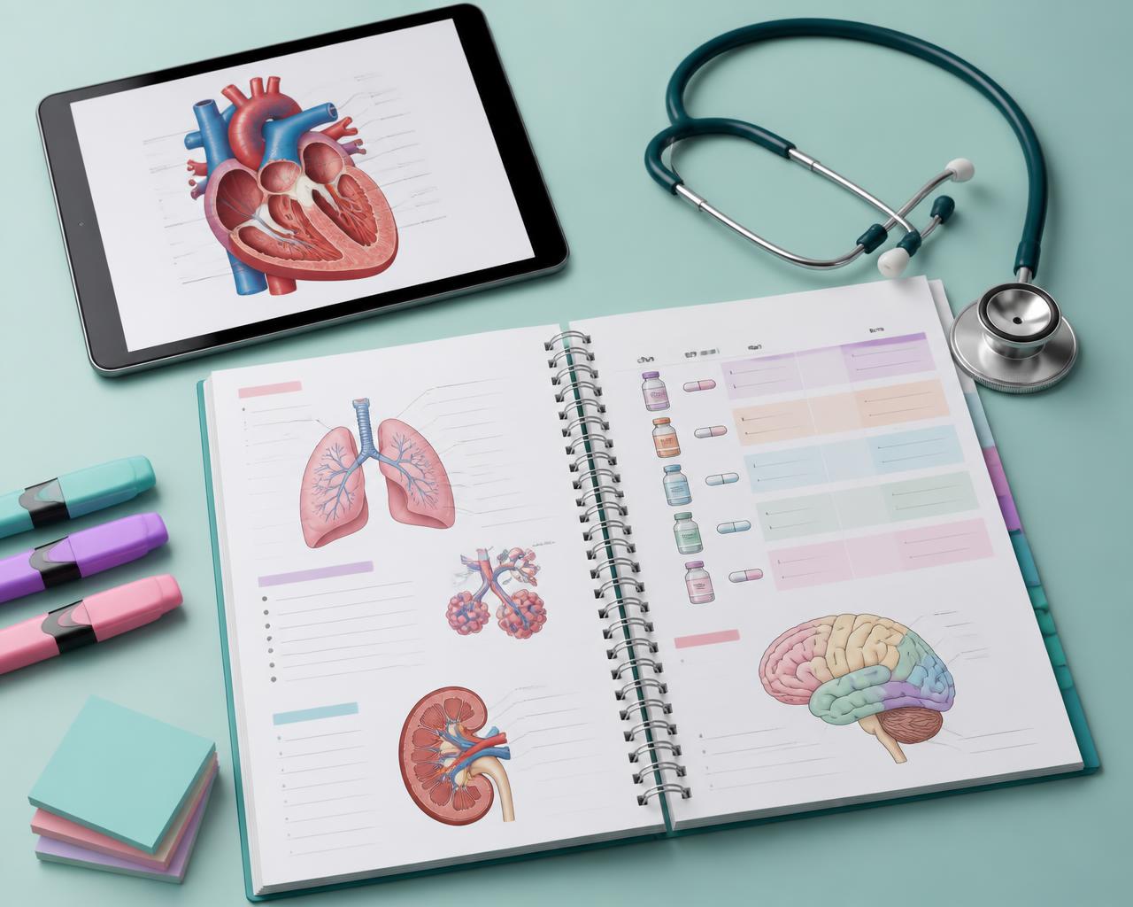 Open nursing notebook with anatomy diagrams and a drug chart beside a tablet and stethoscope